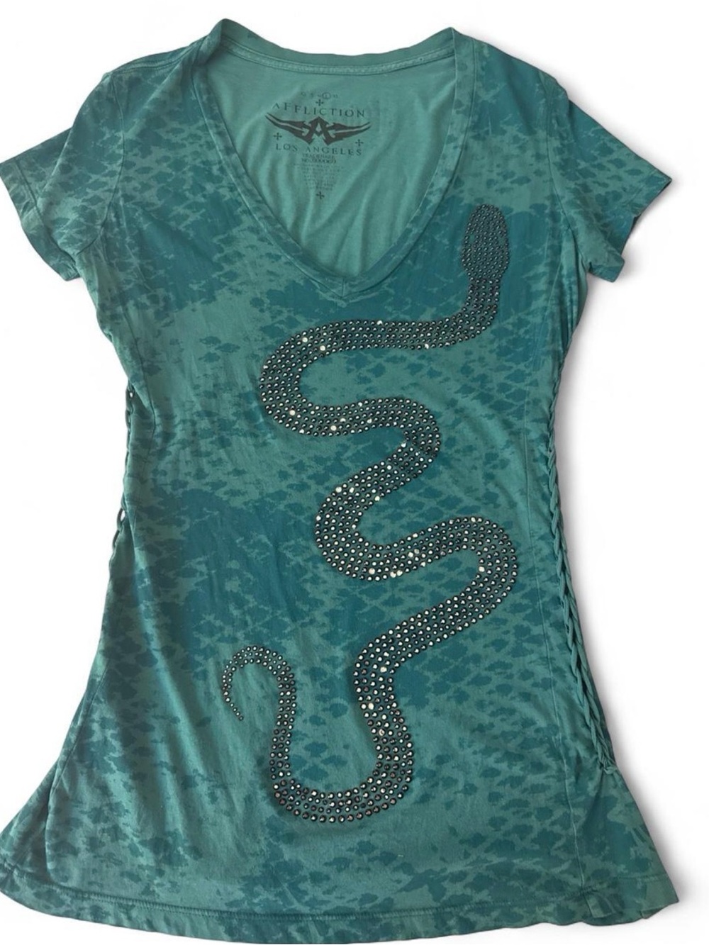 Affliction Teal Studded Snake V-Neck Short Sleeve Tee